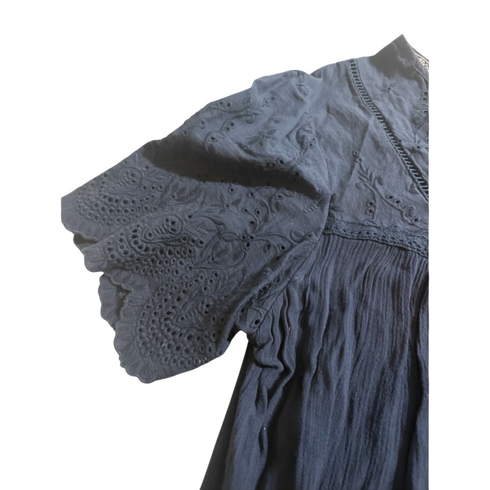 Knox Rose Babydoll Blouse XL Navy Blue Eyelet Embroidered Scalloped Hem Top - Picture 9 of 9